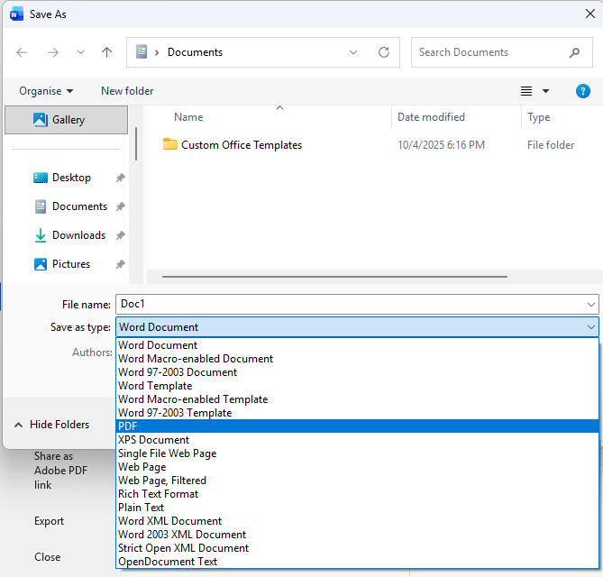 Save As browse window selecting PDF in Word